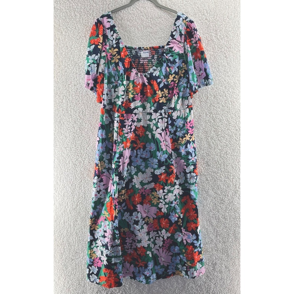 Old Navy Puff Sleeve Midi Swing Dress Size 2X Blue Floral Cotton Smocked Back